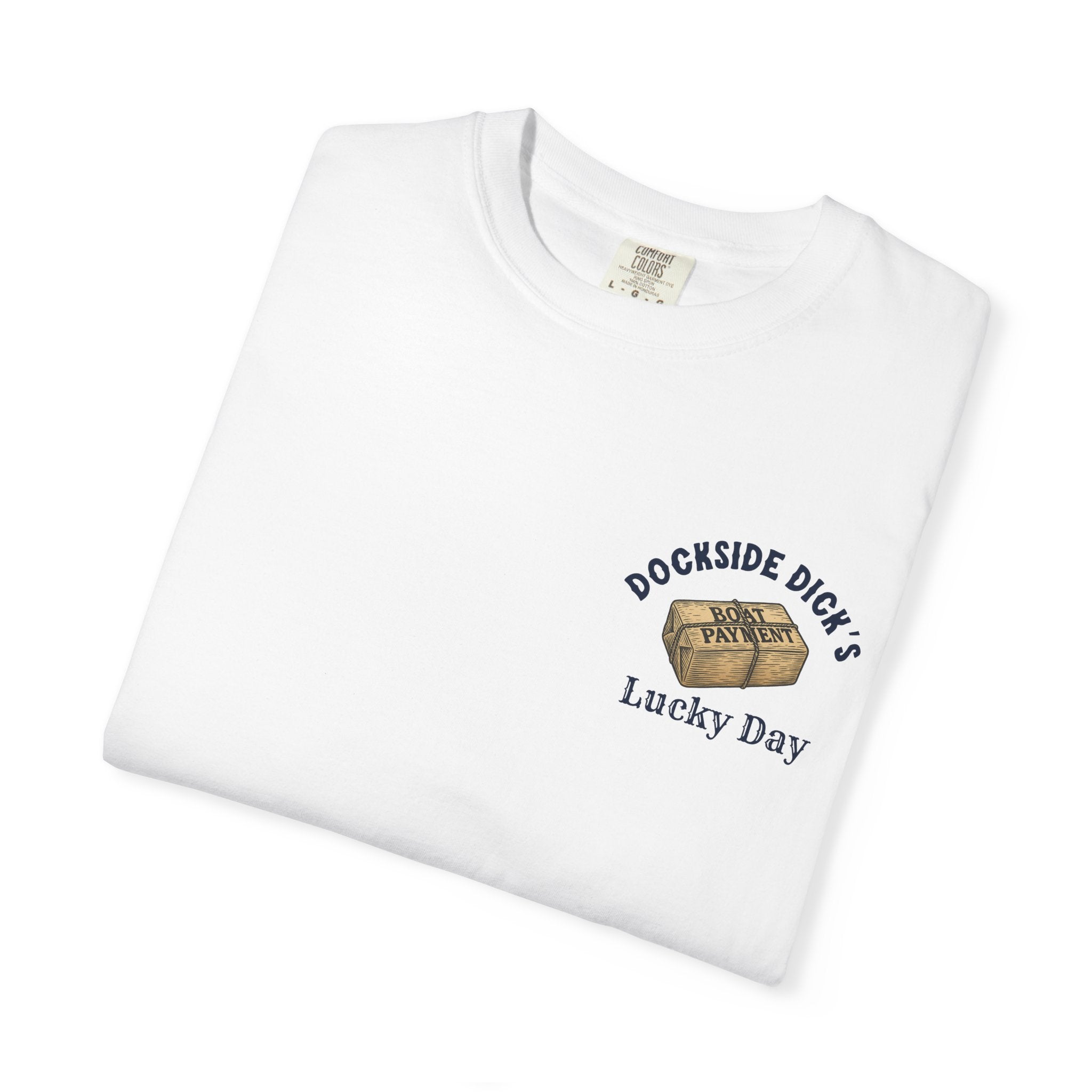 Folded white Lucky Day Tee - Square Grouper Shirt with Dockside Dick’s chest logo, made from soft cotton for relaxed, everyday comfort.
