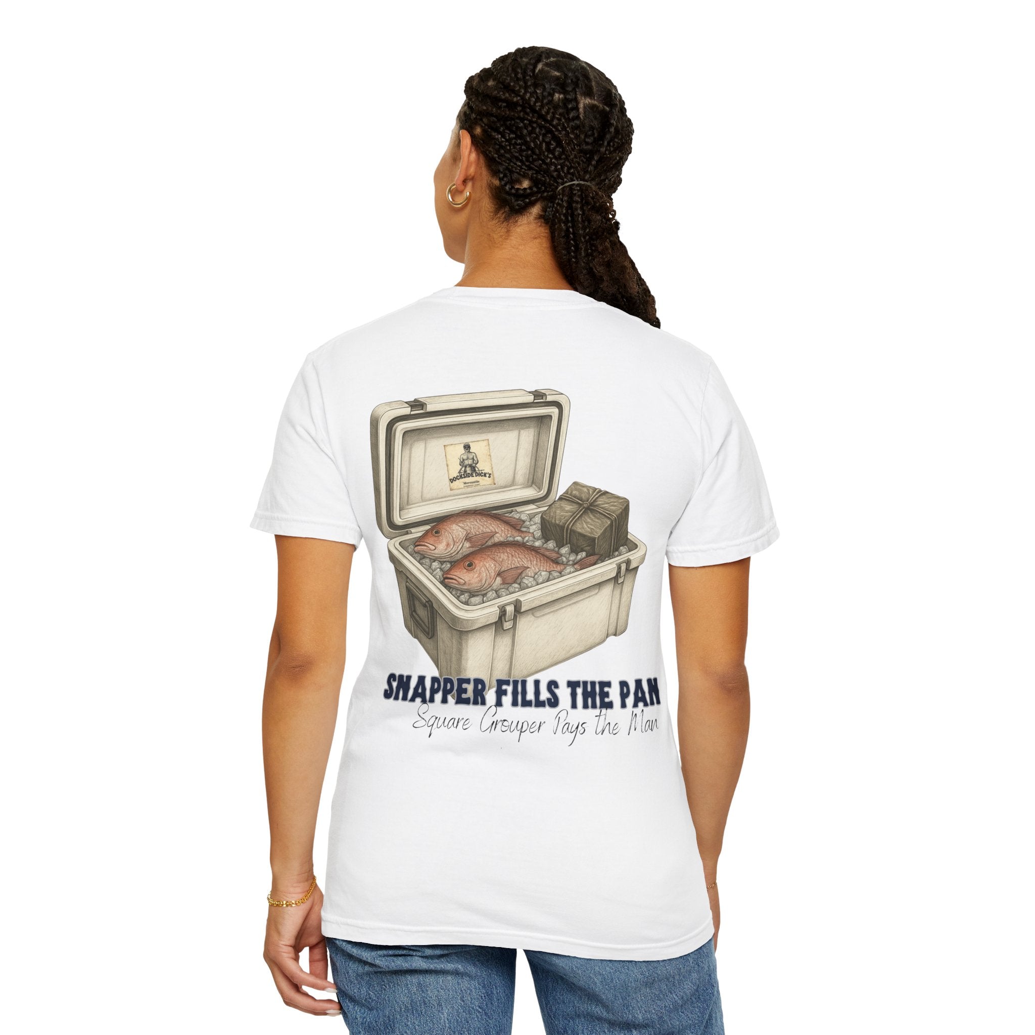 Back view of woman wearing white Lucky Day Tee - Square Grouper Shirt with fishing cooler graphic, great for outdoor and ocean enthusiasts.