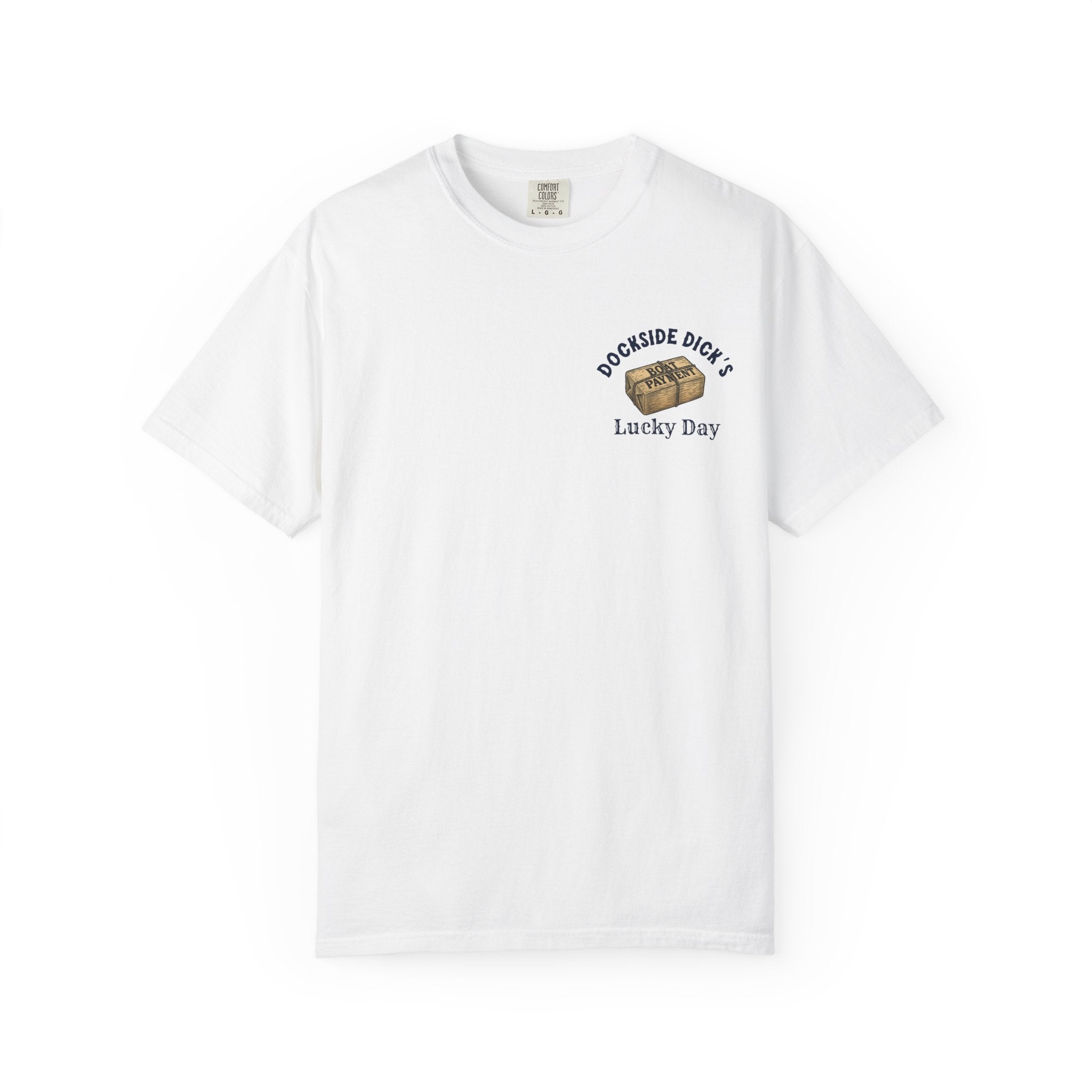 Front view of Lucky Day Tee - Square Grouper Shirt in white featuring Dockside Dick’s logo and 'Lucky Day' text, perfect for casual wear.