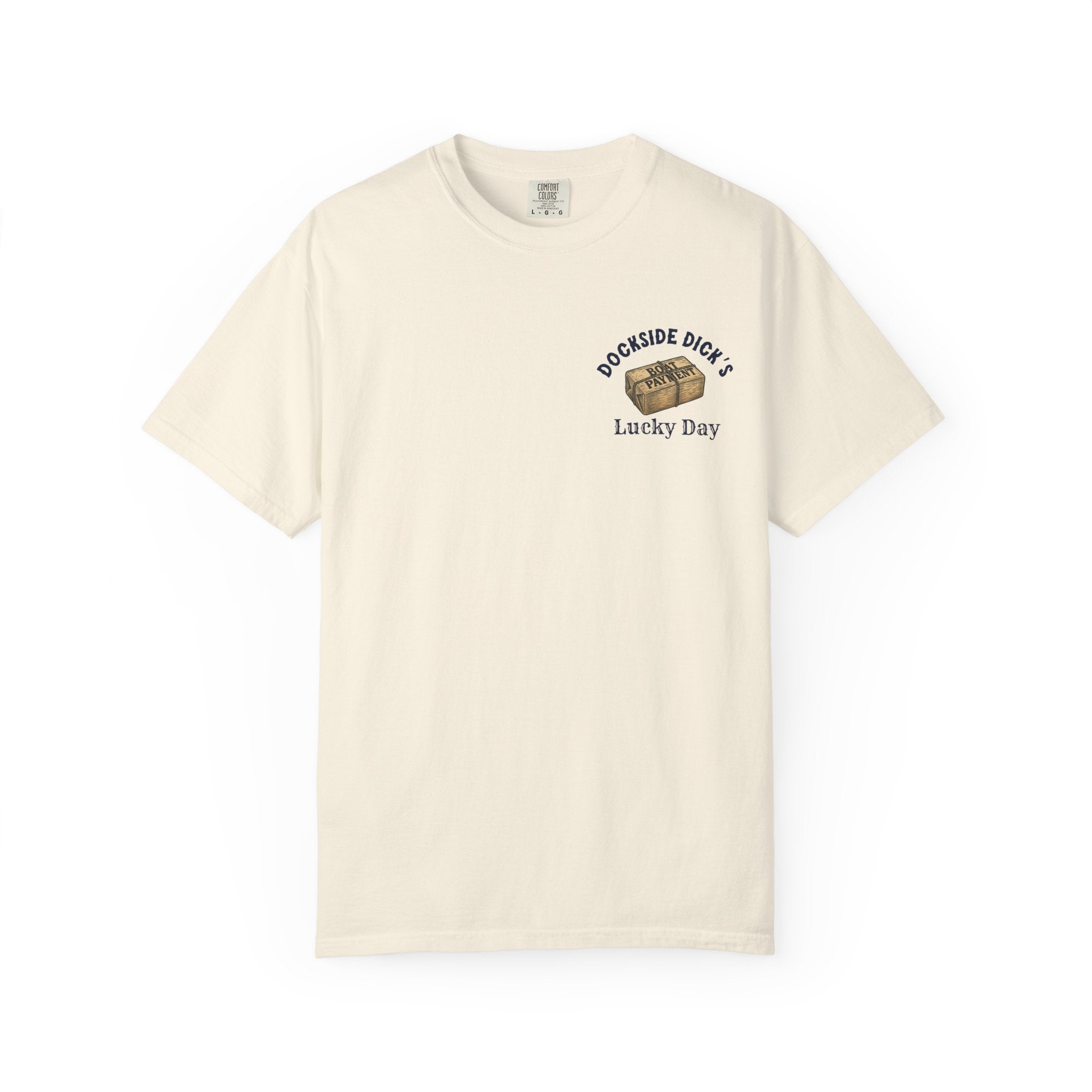 Ivory Lucky Day Tee - Square Grouper Shirt front view with Dockside Dick’s logo, made from ultra-soft garment-dyed cotton for comfort.