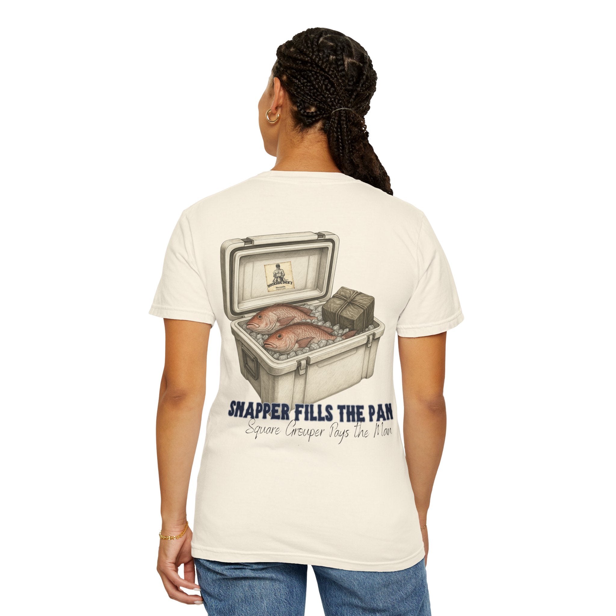 Woman wearing ivory Lucky Day Tee - Square Grouper Shirt with cooler and snapper graphic, ideal for casual outdoor and summer activities.