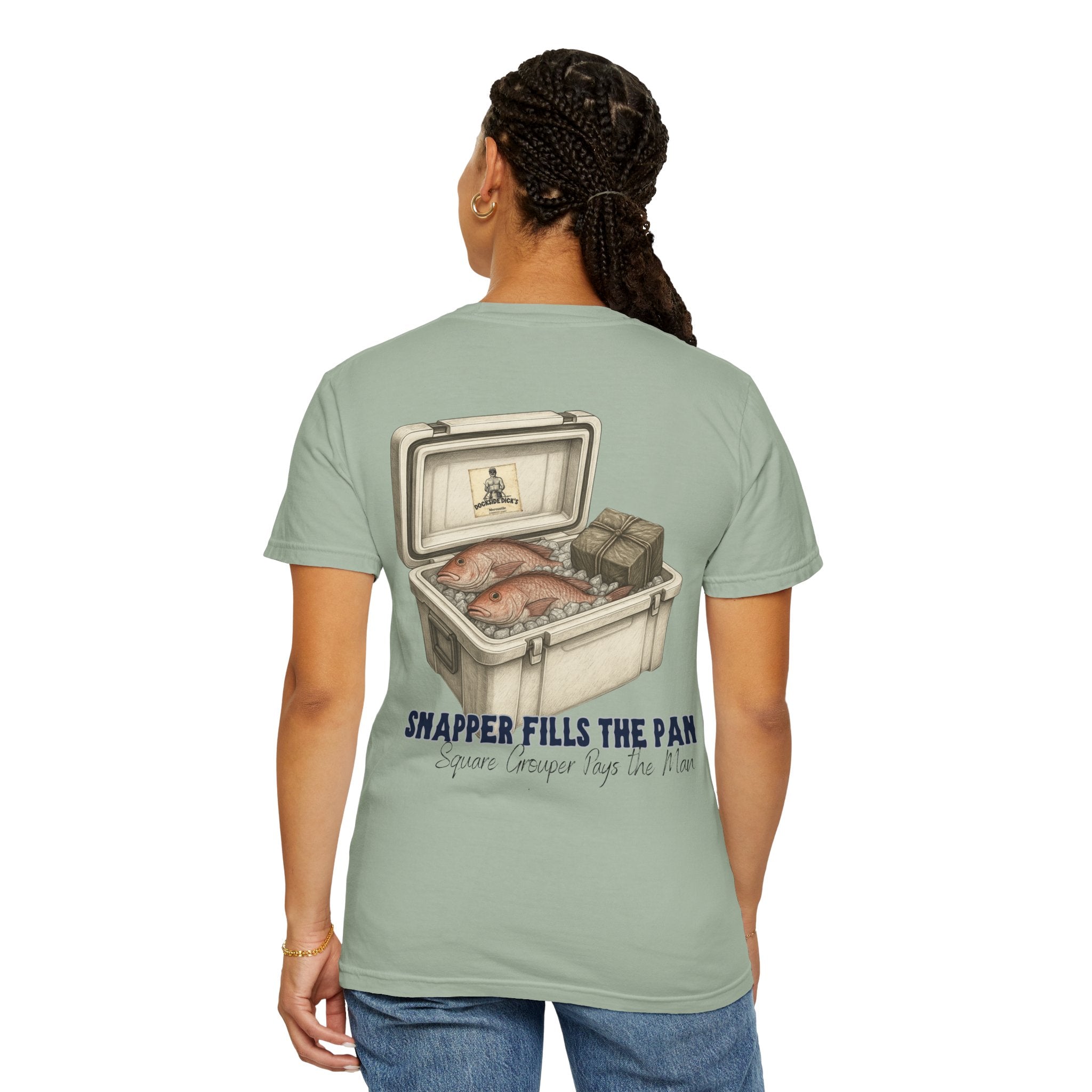 Woman wearing sage green Lucky Day Tee - Square Grouper Shirt with cooler and snapper graphic, a fun and comfy tee for fishing fans.