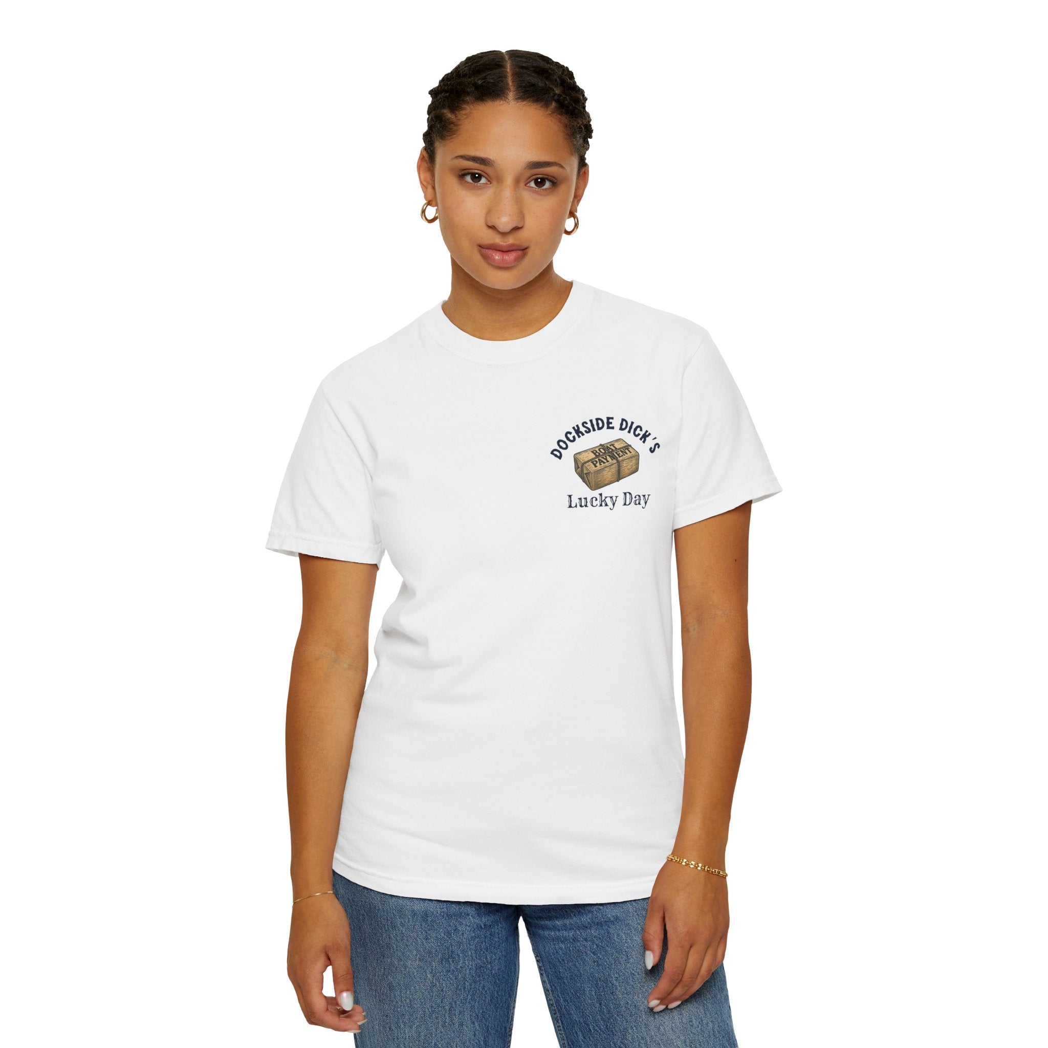 Woman modeling front of white Lucky Day Tee - Square Grouper Shirt with Dockside Dick’s logo, a comfy unisex cotton t-shirt for summer style.