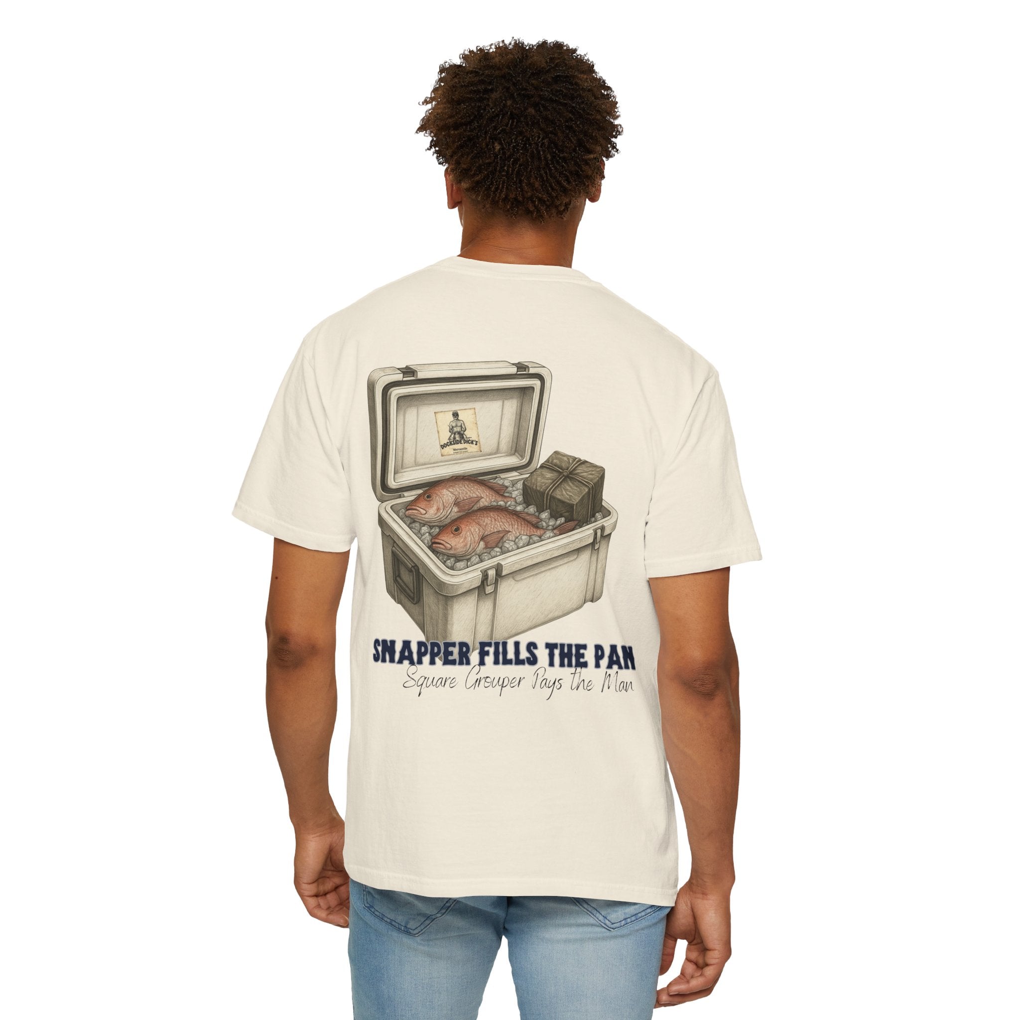 Man modeling ivory Lucky Day Tee - Square Grouper Shirt with detailed fishing-themed back graphic, great for spearfishing enthusiasts.