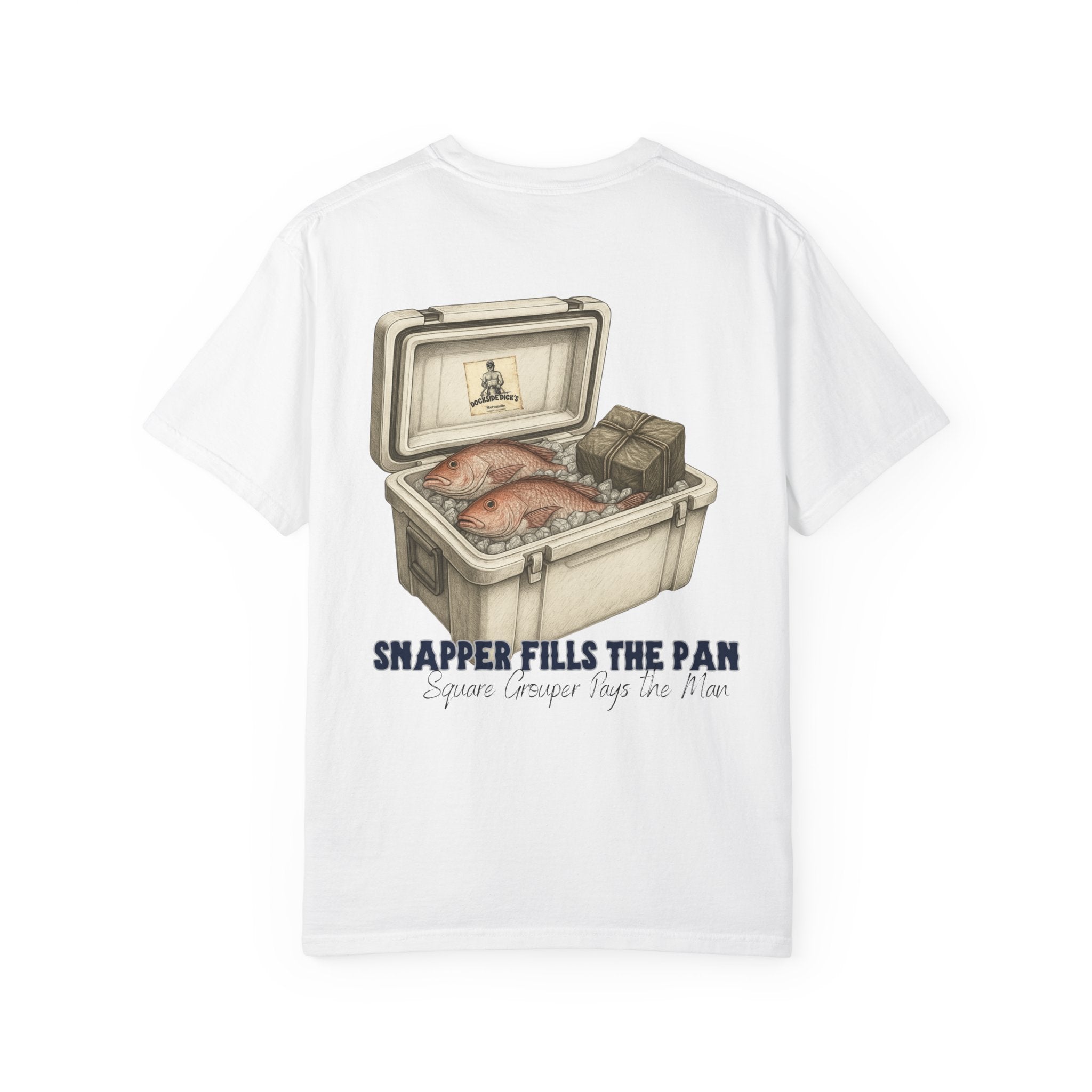 Lucky Day Tee - Square Grouper Shirt in white with cooler graphic and 'Snapper Fills the Pan' slogan, ideal for fishing and beach lovers.