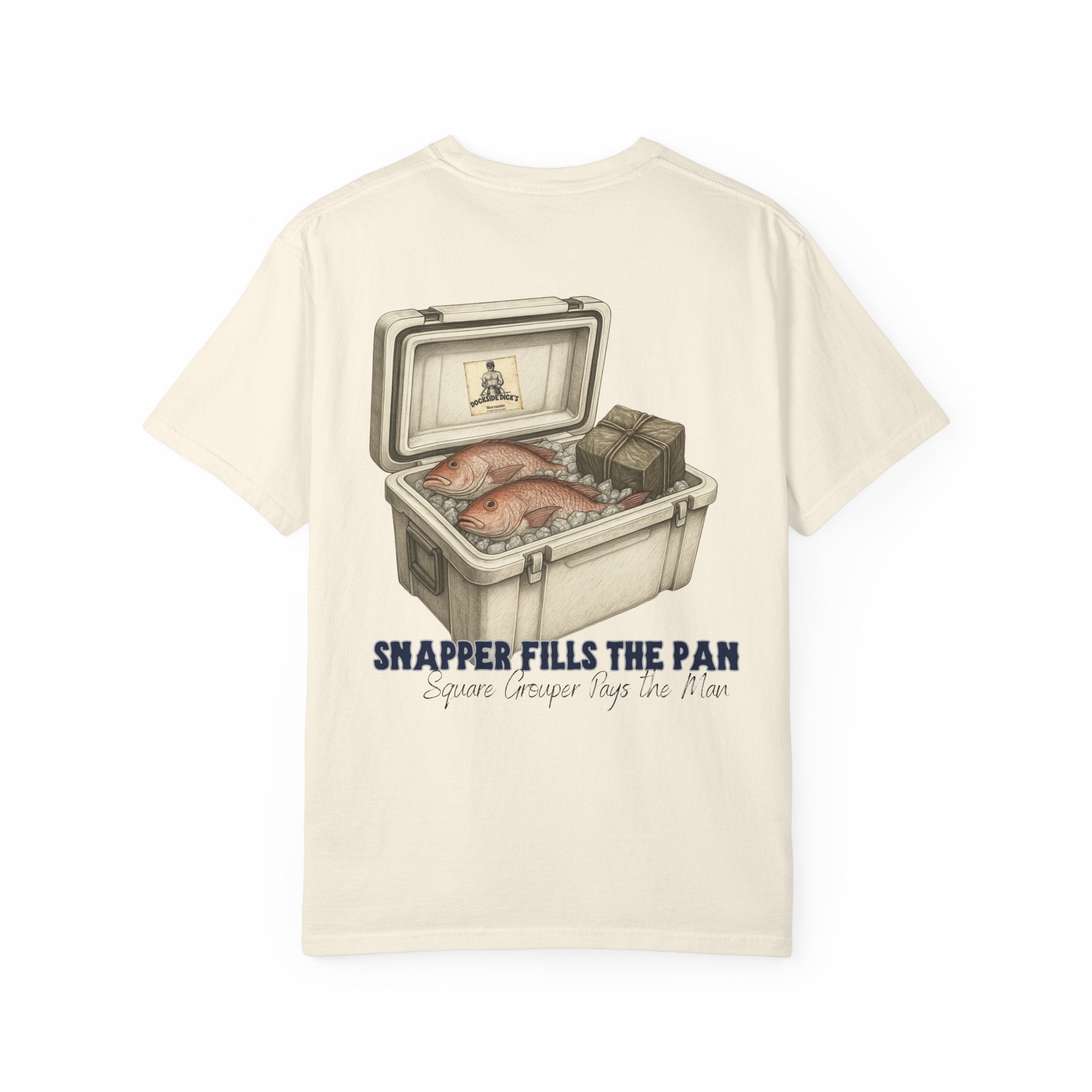 Back of ivory Lucky Day Tee - Square Grouper Shirt with illustrated cooler and 'Snapper Fills the Pan' text, perfect for laid-back fashion.