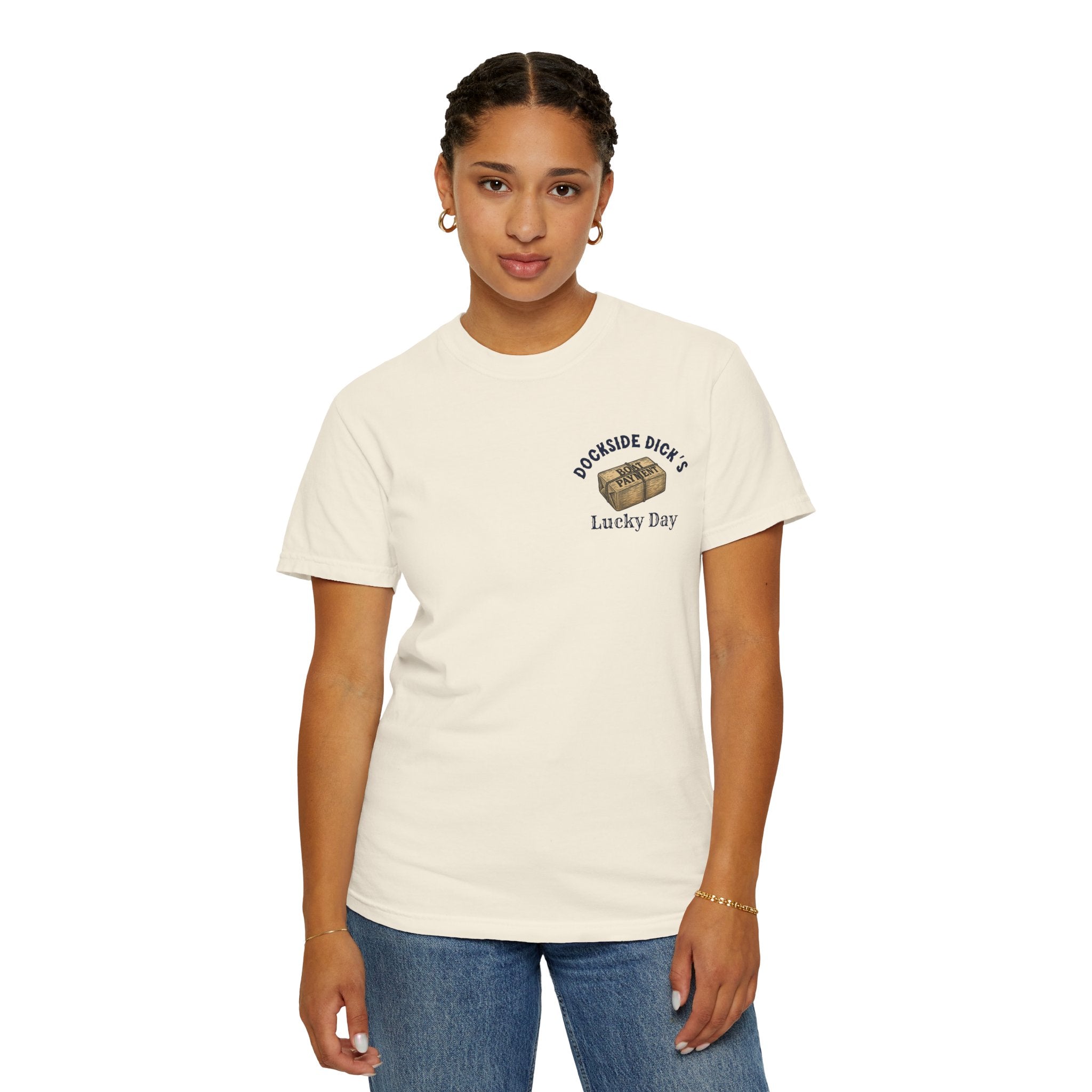 Front view of woman in ivory Lucky Day Tee - Square Grouper Shirt with Dockside Dick’s logo, a soft unisex tee for everyday wear.