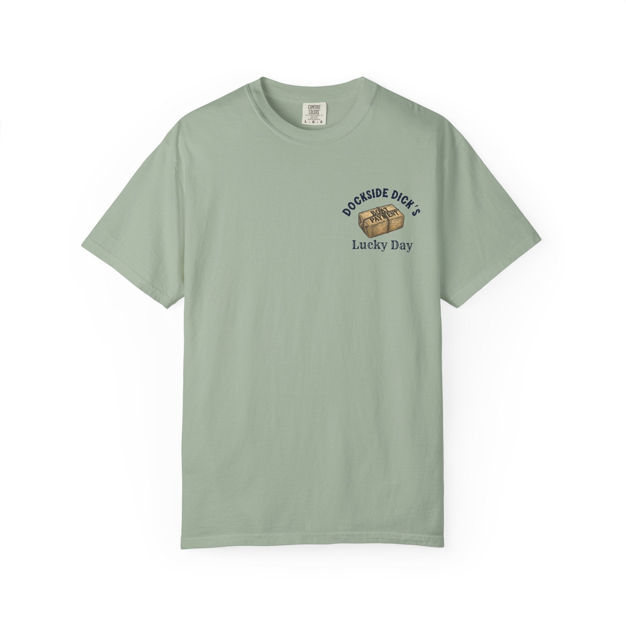 Sage green Lucky Day Tee - Square Grouper Shirt front view with Dockside Dick’s logo, made from soft cotton for relaxed summer style.