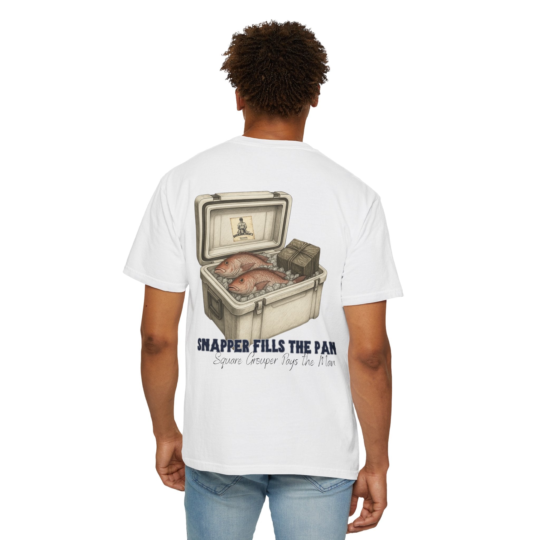 Man wearing white Lucky Day Tee - Square Grouper Shirt showing detailed cooler graphic with snapper and cash, ideal for fishing fans.