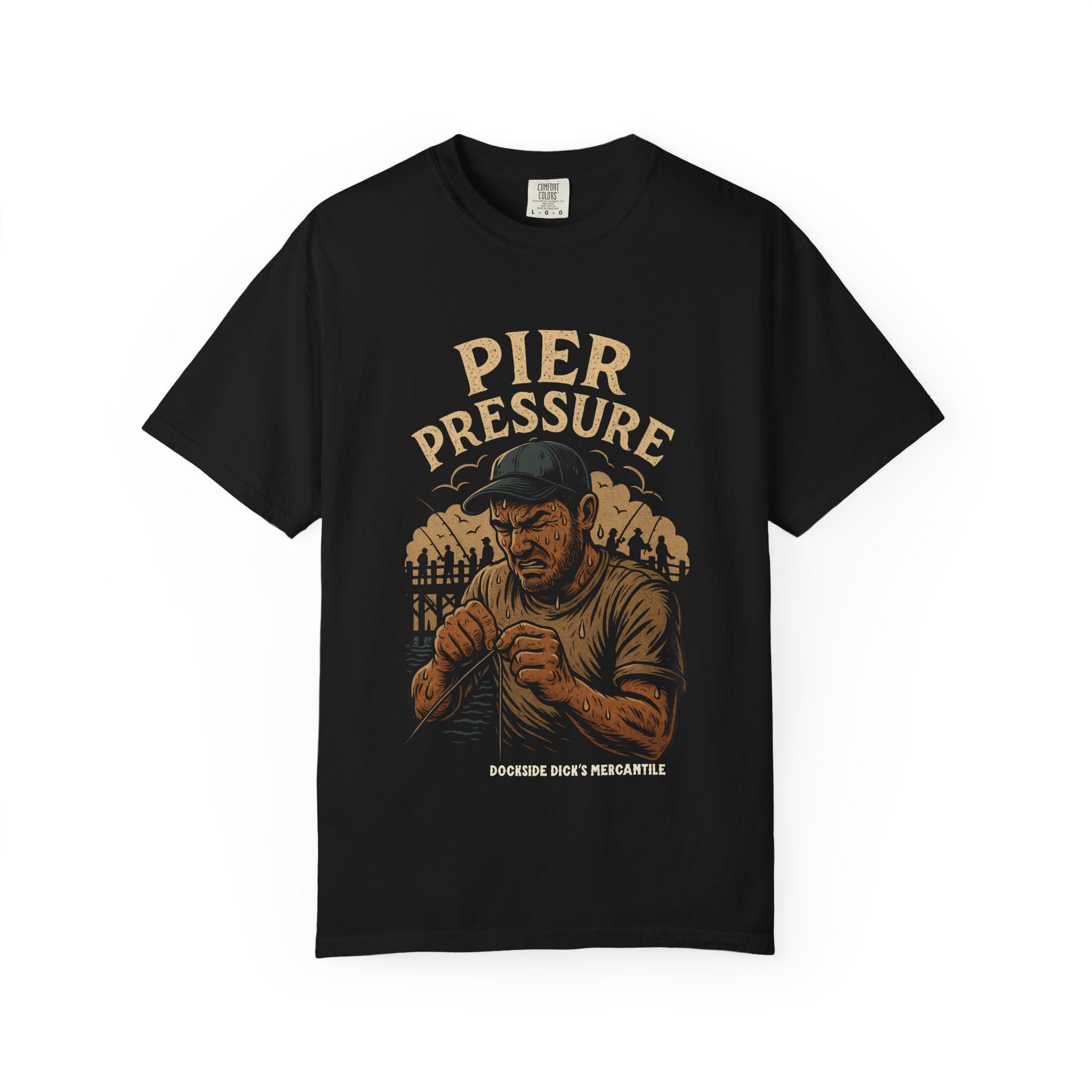 Black unisex t-shirt with 'Pier Pressure' graphic of a fisherman tying rope