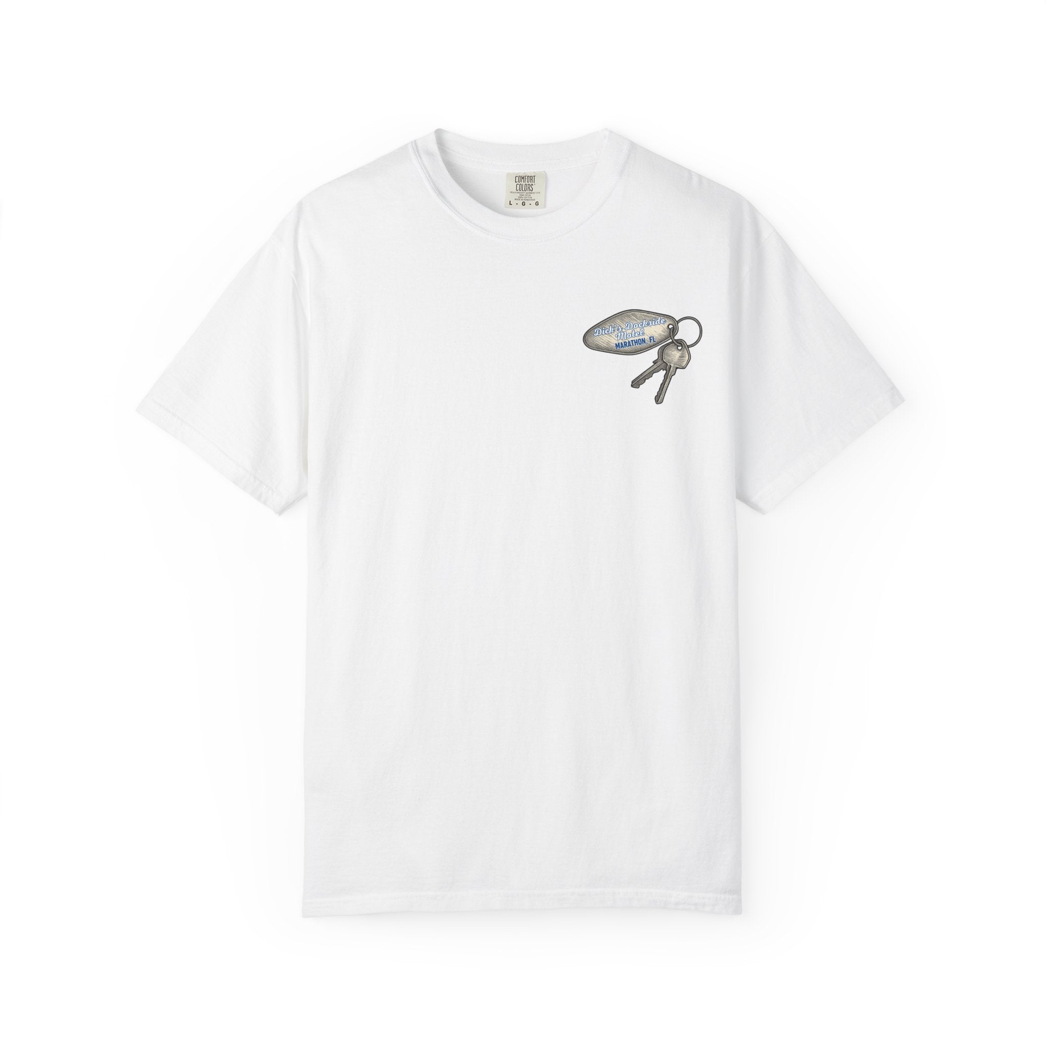 Keys to Happiness fishing t-shirt by Dockside Ds Mercantile – unisex Comfort Colors tee with vintage Florida Keys design - front