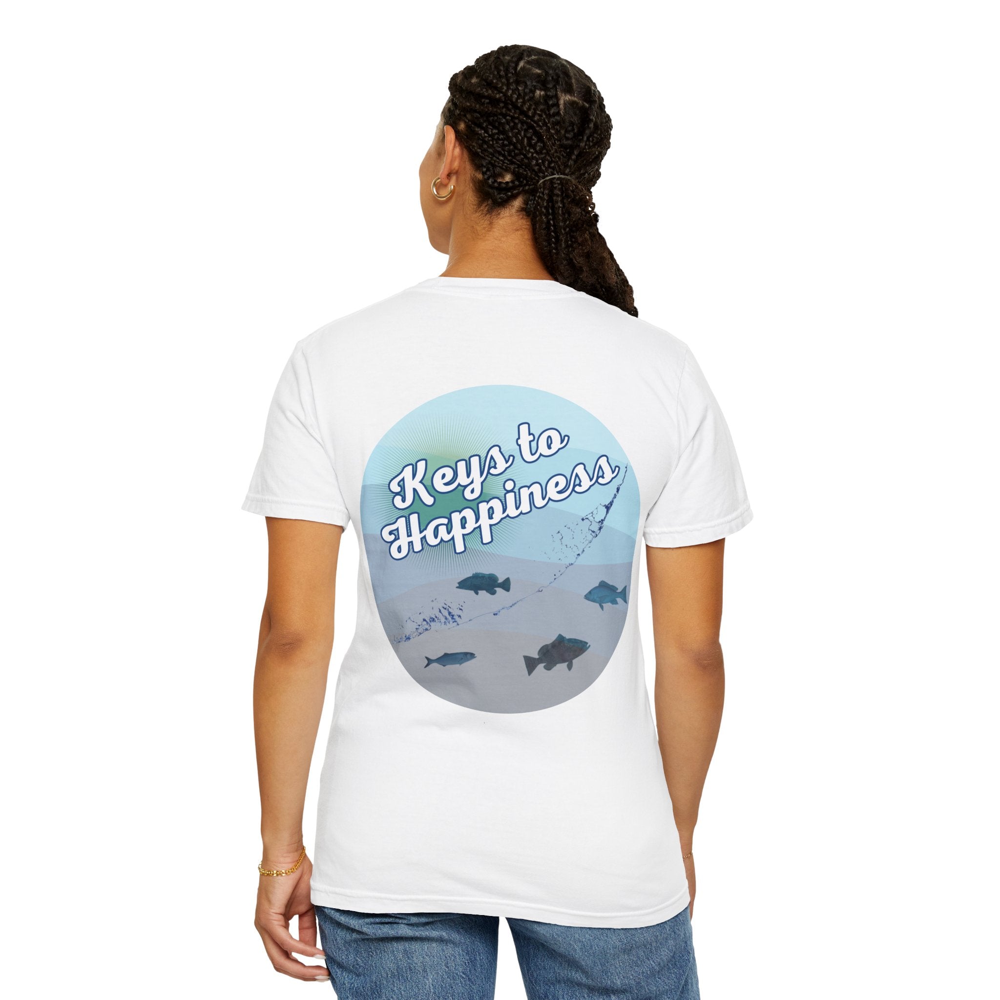 Keys to Happiness fishing t-shirt by Dockside Ds Mercantile – unisex Comfort Colors tee with vintage Florida Keys design - woman back of tee graphic