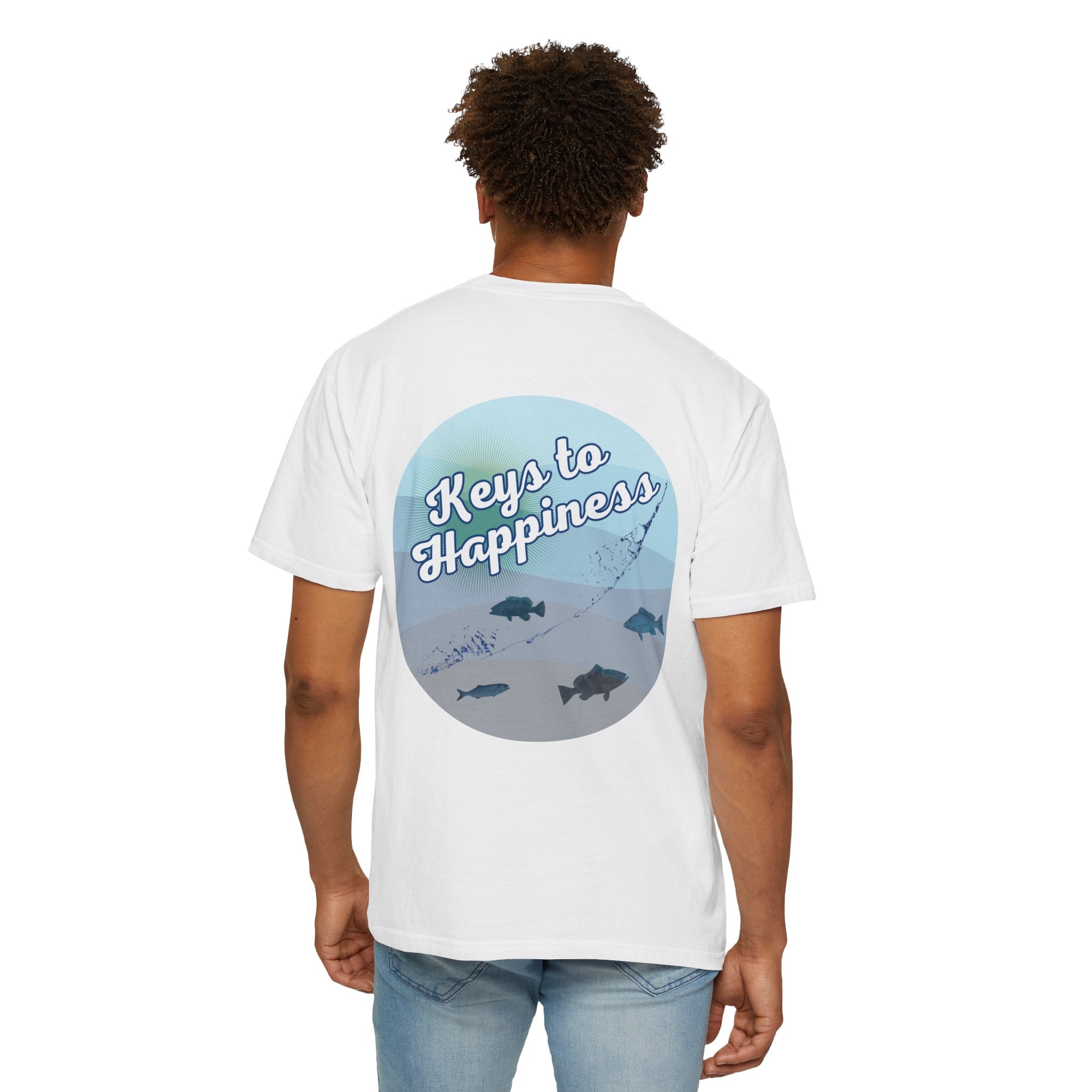 Keys to Happiness fishing t-shirt by Dockside Ds Mercantile – unisex Comfort Colors tee with vintage Florida Keys design - man back of tee graphic