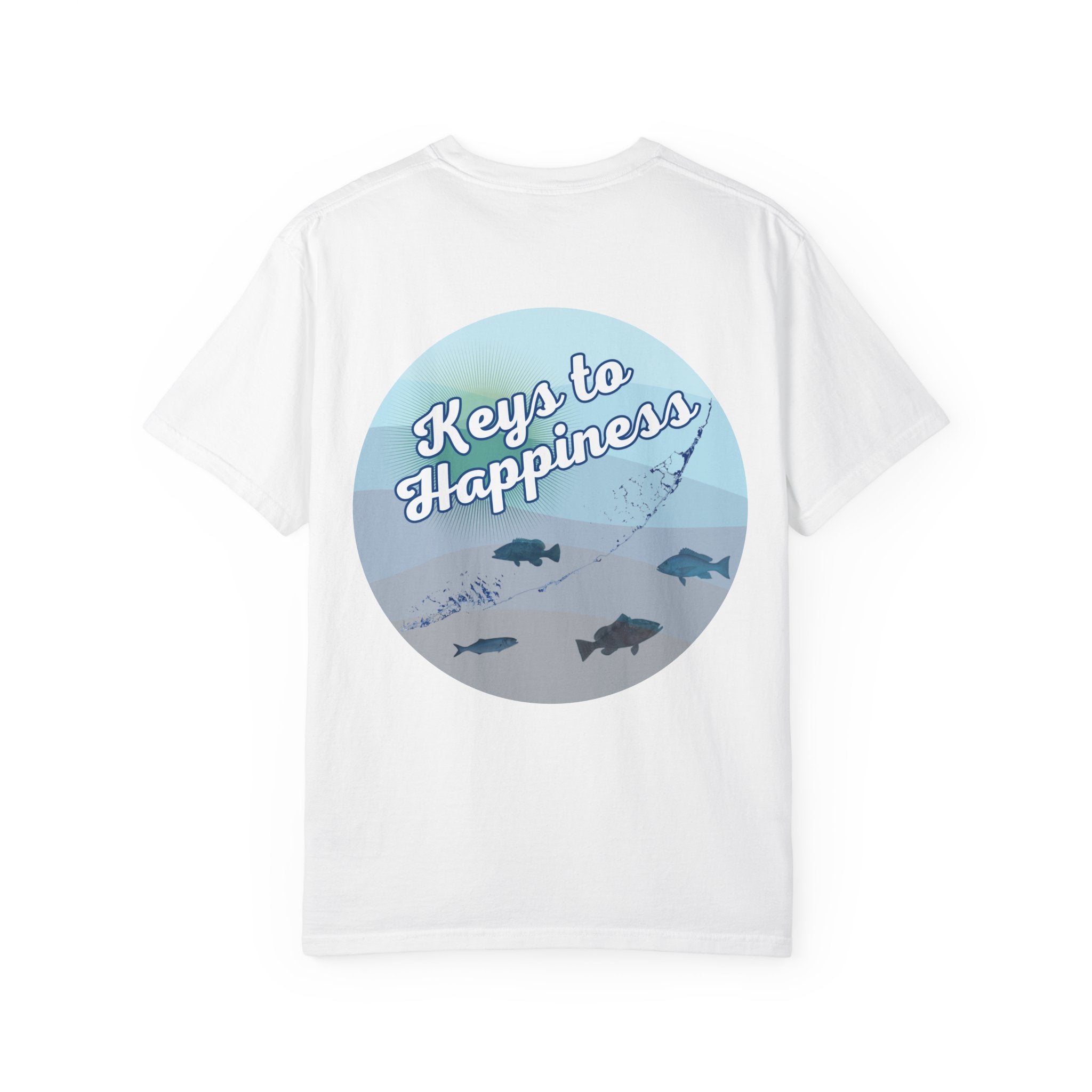 Keys to Happiness fishing t-shirt by Dockside Ds Mercantile – unisex Comfort Colors tee with vintage Florida Keys design