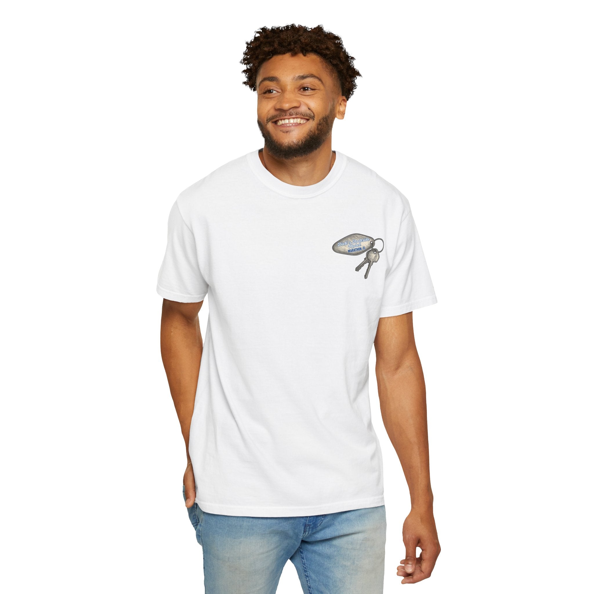 Keys to Happiness fishing t-shirt by Dockside Ds Mercantile – unisex Comfort Colors tee with vintage Florida Keys design - man front of tee graphic