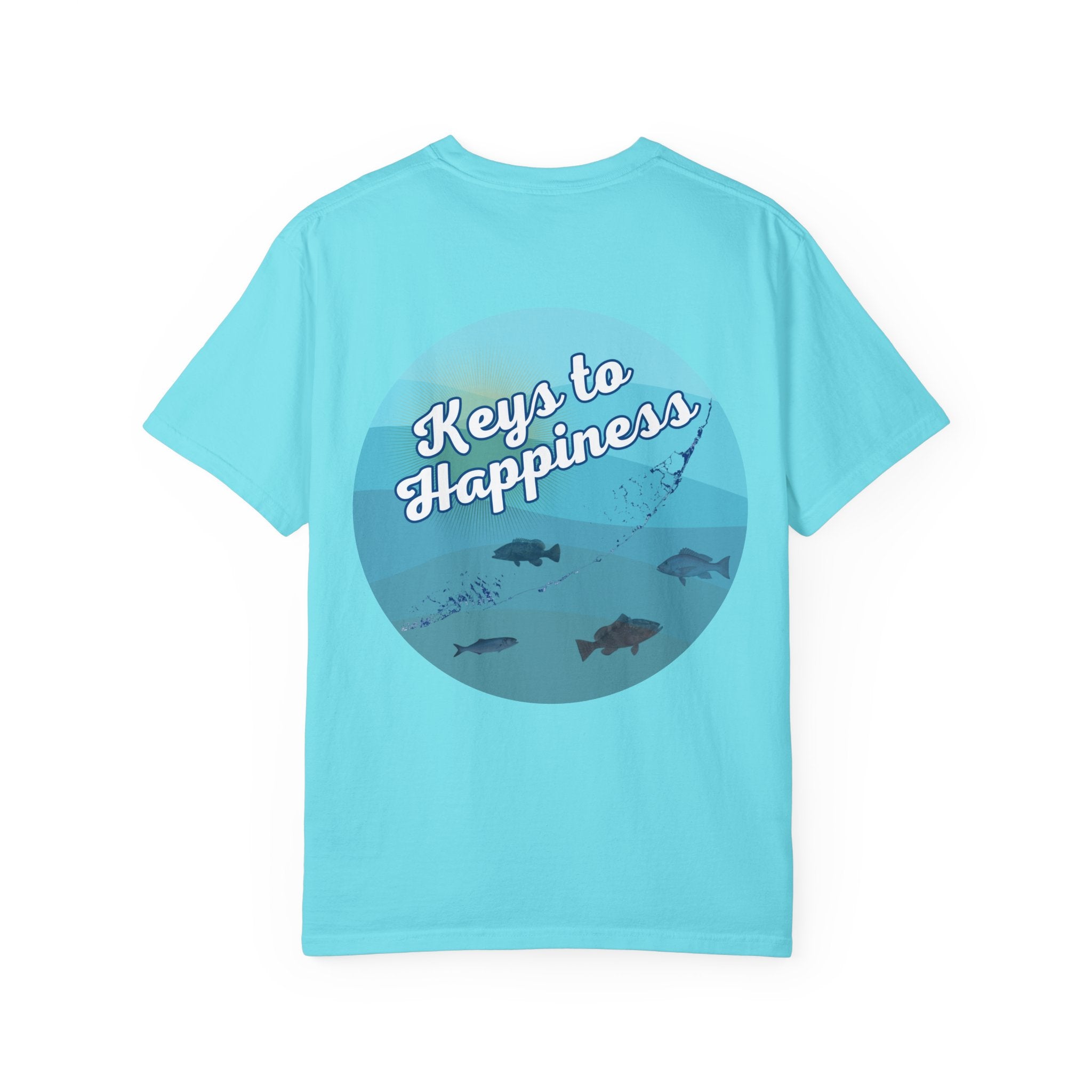 Light blue t-shirt with 'Keys to Happiness' text and fish illustrations on a white background