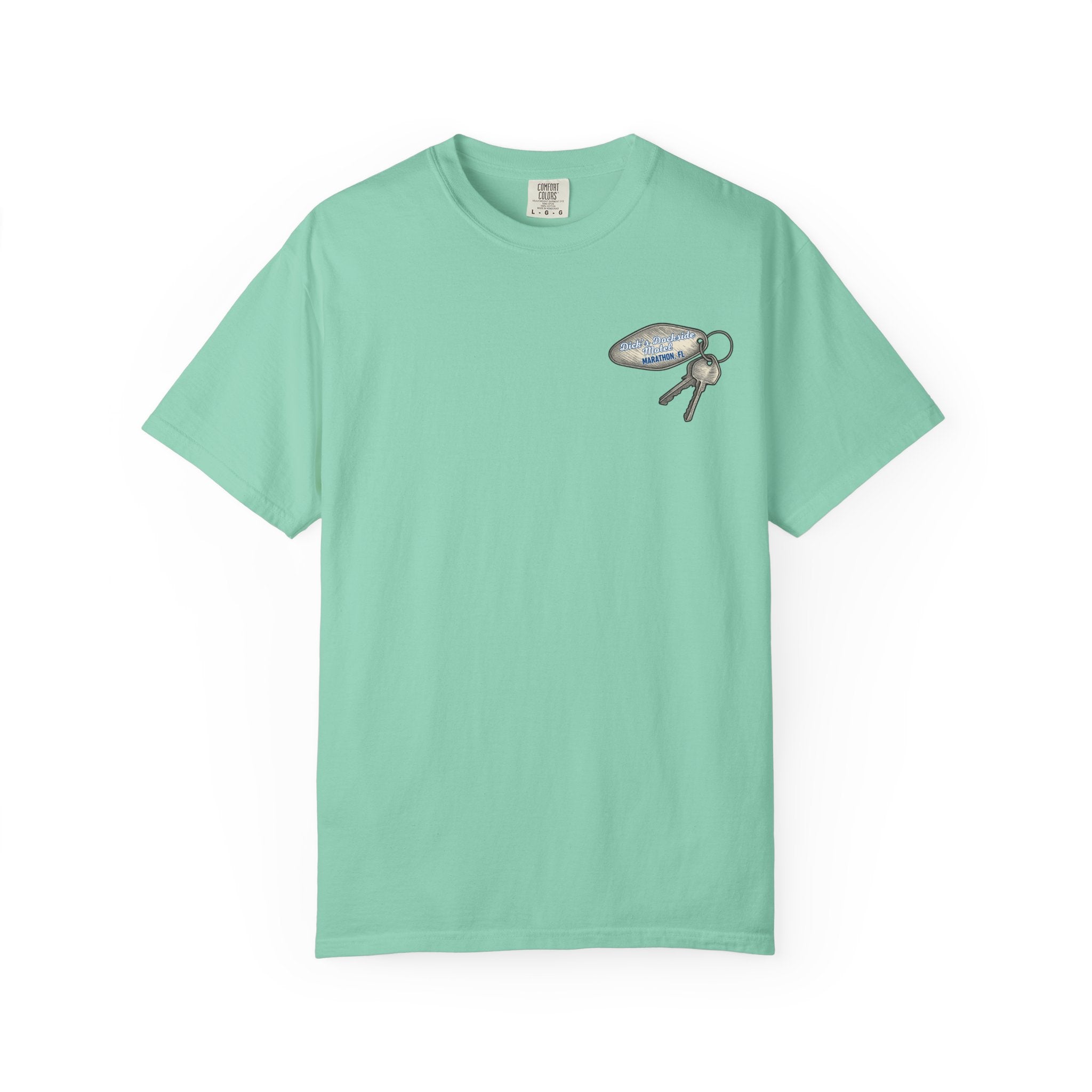 Mint green t-shirt with a small graphic on a white background