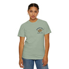 Front view of woman in sage green Lucky Day Tee - Square Grouper Shirt with Dockside Dick’s logo, a soft unisex tee for casual outfits.