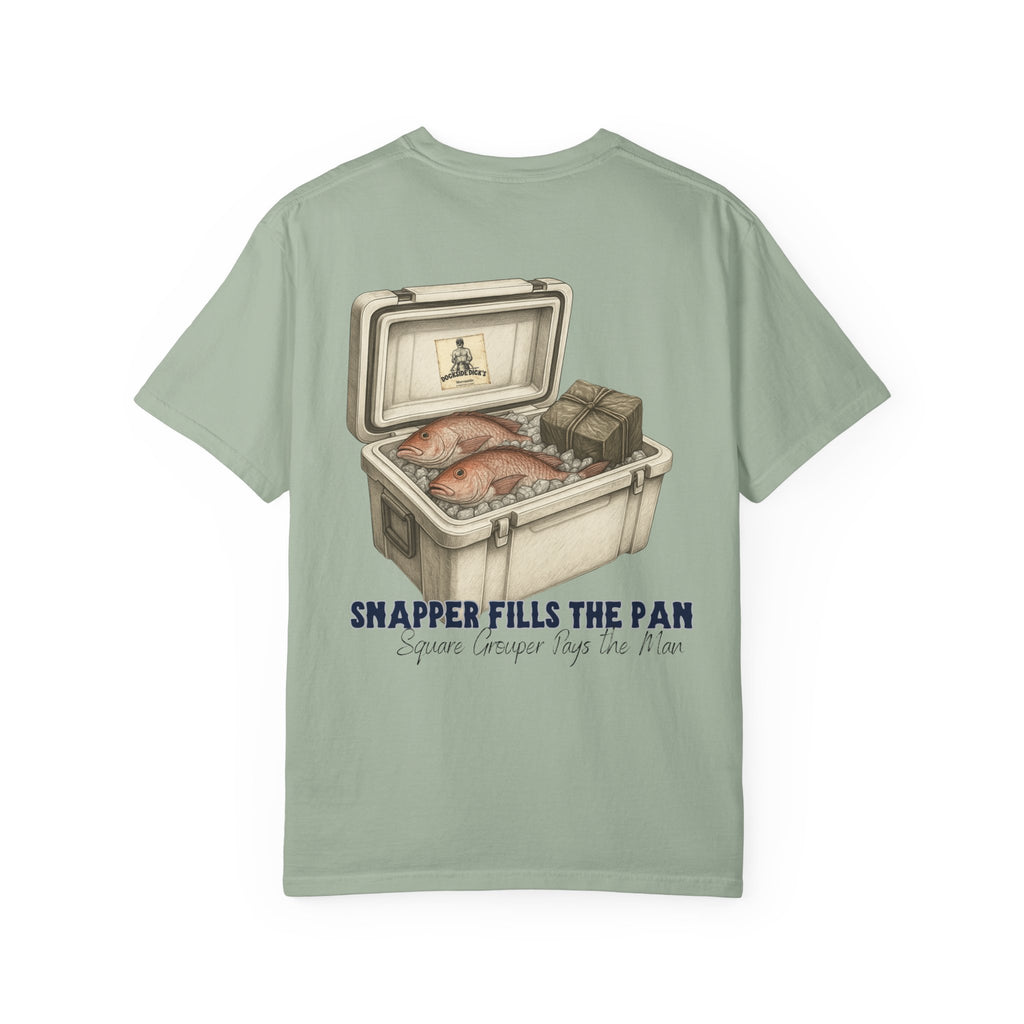 Back of sage green Lucky Day Tee - Square Grouper Shirt with cooler and snapper illustration, perfect for ocean lovers and casual fashion.