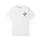 Front view of Lucky Day Tee - Square Grouper Shirt in white featuring Dockside Dick’s logo and 'Lucky Day' text, perfect for casual wear.