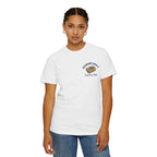 Woman modeling front of white Lucky Day Tee - Square Grouper Shirt with Dockside Dick’s logo, a comfy unisex cotton t-shirt for summer style.