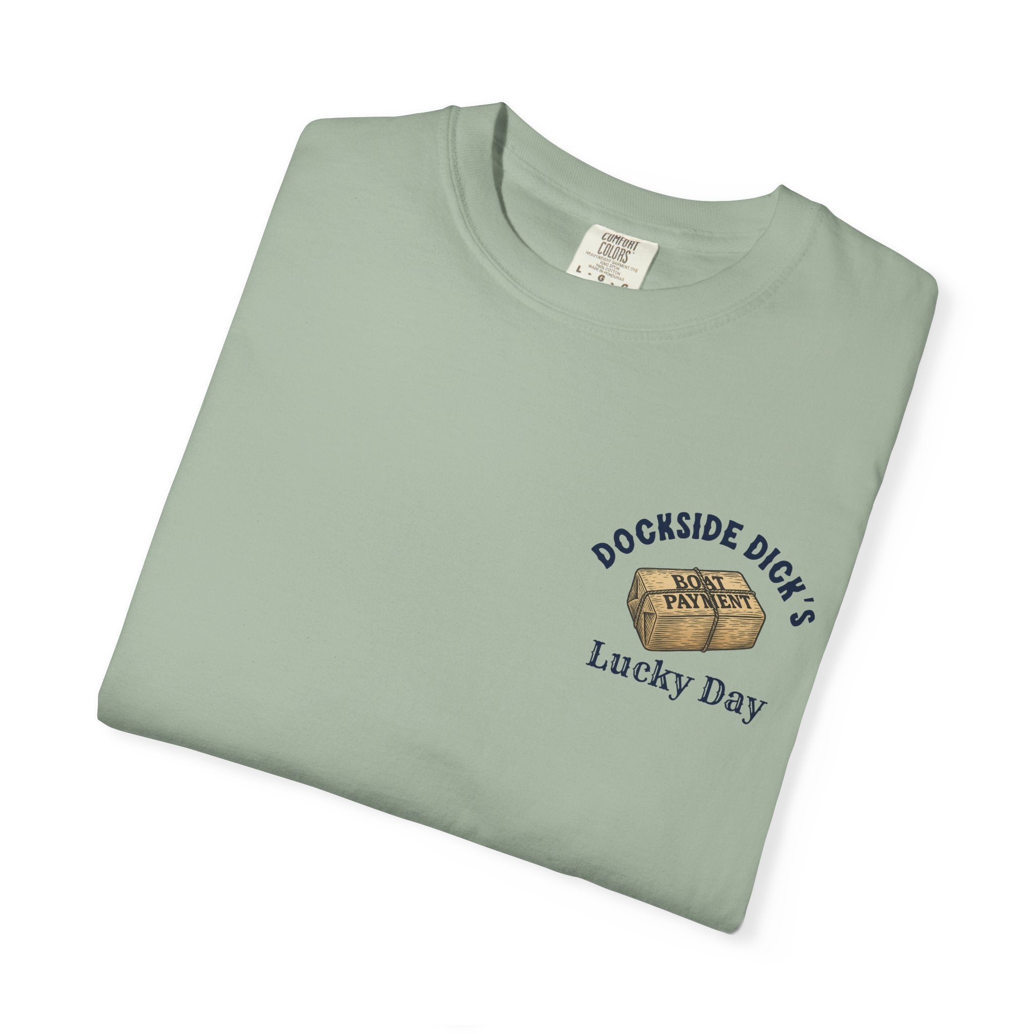 Folded sage green Lucky Day Tee - Square Grouper Shirt with Dockside Dick’s chest print, ideal for beach vibes and outdoor wear.