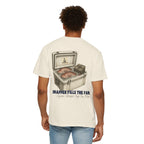 Man modeling ivory Lucky Day Tee - Square Grouper Shirt with detailed fishing-themed back graphic, great for spearfishing enthusiasts.