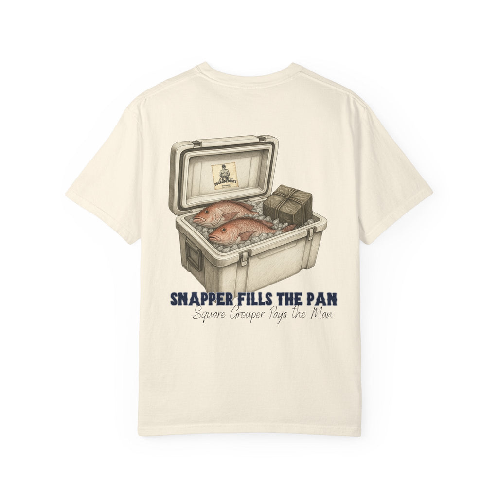 Back of ivory Lucky Day Tee - Square Grouper Shirt with illustrated cooler and 'Snapper Fills the Pan' text, perfect for laid-back fashion.