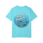 Light blue t-shirt with 'Keys to Happiness' text and fish illustrations on a white background