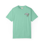 Mint green t-shirt with a small graphic on a white background
